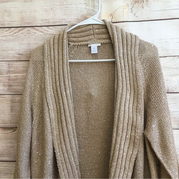 CHICOS WATERFALL CARDIGAN SWEATER IN METALLIC GOLD - Picture 2 of 5